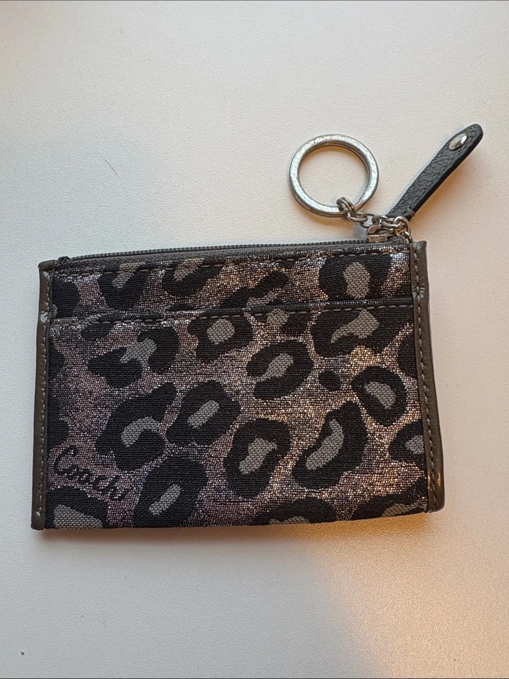 Coach Metallic Leopard Zip Card Case Keyring in Black and Silver